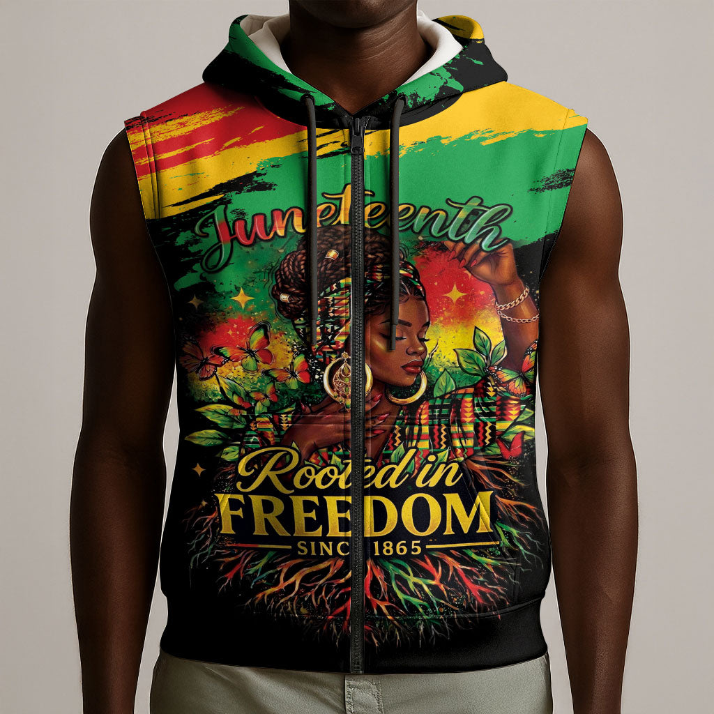 Juneteenth Rooted in Freedom Sleeveless Zip Hoodie Black Pride African Queen