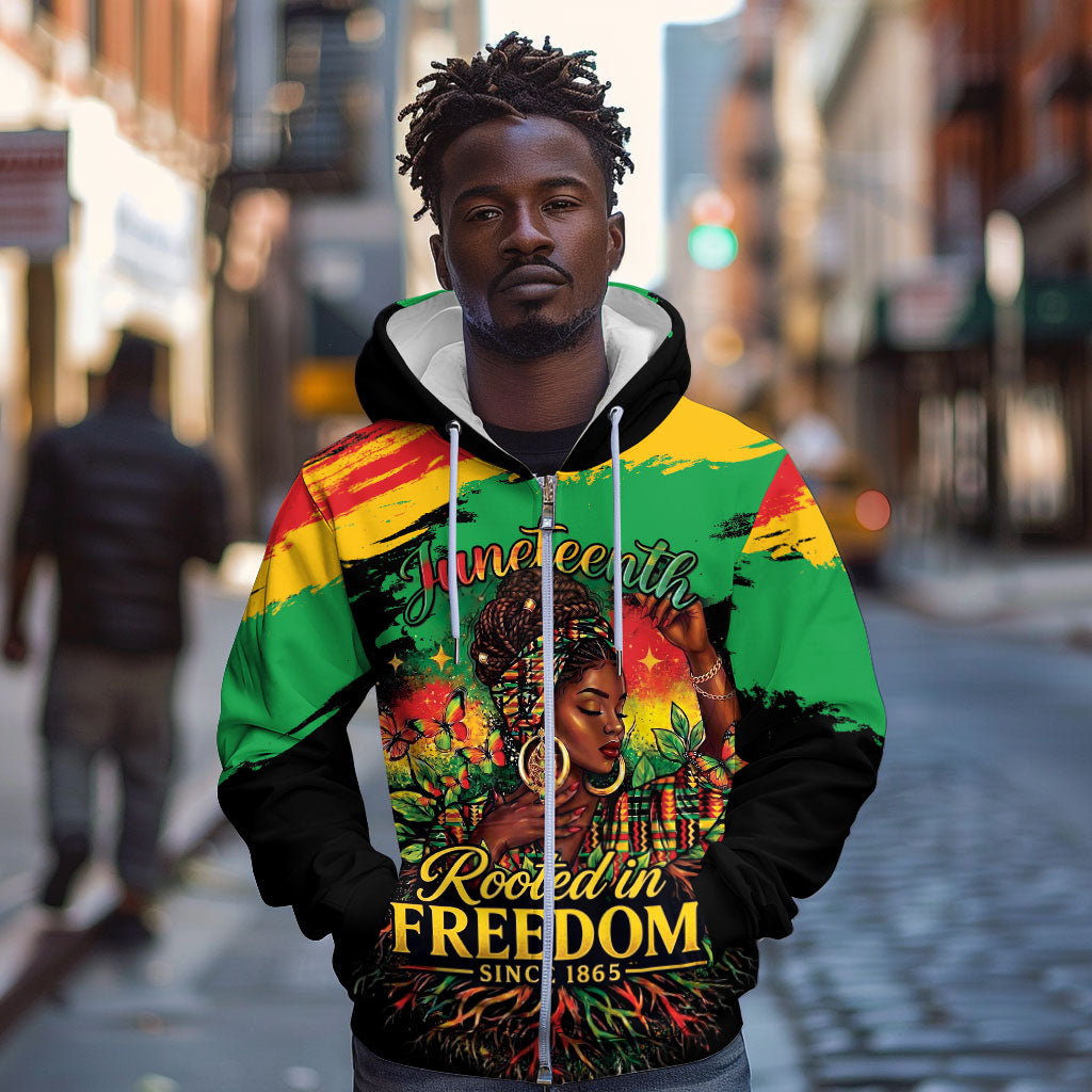 Juneteenth Rooted in Freedom Zip Hoodie Black Pride African Queen
