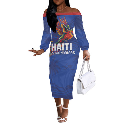 Haiti Heritage Football 2026 Custom Off The Shoulder Long Sleeve Dress Hispaniolan Trogon Bird