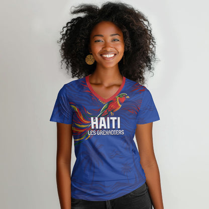 Haiti Heritage Football 2026 Custom Women V-Neck T-Shirt Hispaniolan Trogon Bird
