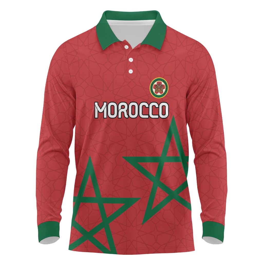Custom Morocco Heritage Football Long Sleeve Polo Shirt Road To Champion - African Pride