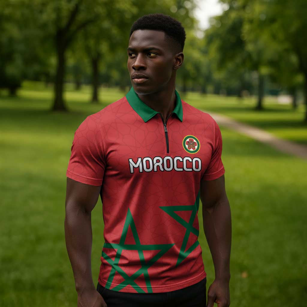 Custom Morocco Heritage Football Zipper Polo Shirt Road To Champion