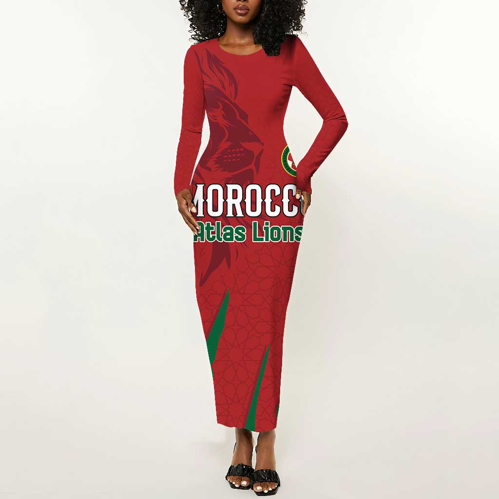 Custom Morocco Football Long Sleeve Bodycon Dress Atlas Lions Road To Champion - African Pride