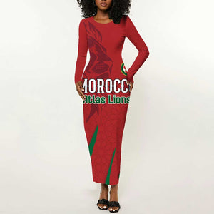 Custom Morocco Football Long Sleeve Bodycon Dress Atlas Lions Road To Champion - African Pride