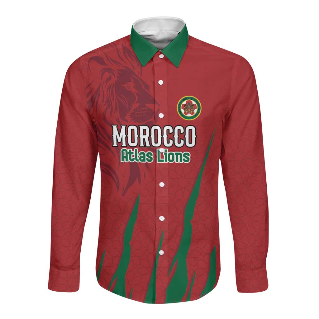 Custom Morocco Football Long Sleeve Button Shirt Atlas Lions Road To Champion - African Pride