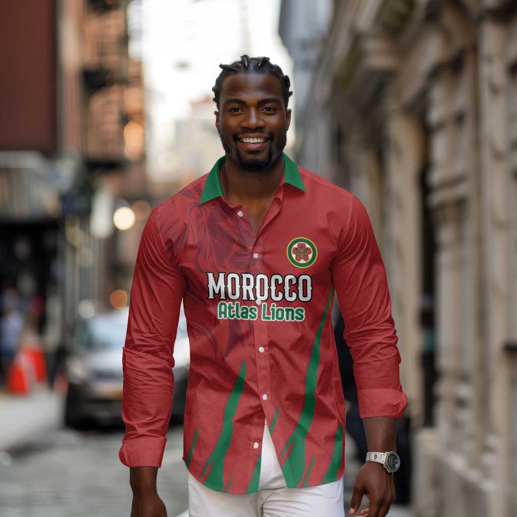 Custom Morocco Football Long Sleeve Button Shirt Atlas Lions Road To Champion - African Pride