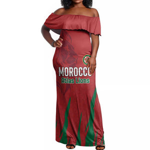 Custom Morocco Football Off Shoulder Maxi Dress Atlas Lions Road To Champion - African Pride