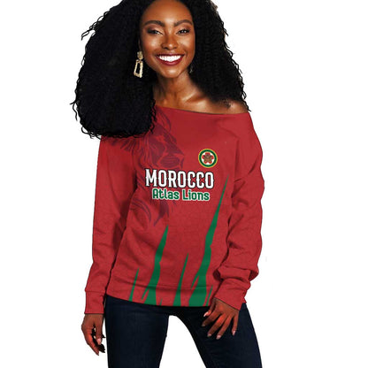 Custom Morocco Football Off Shoulder Sweater Atlas Lions Road To Champion - African Pride