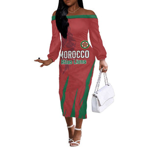 Custom Morocco Football Off The Shoulder Long Sleeve Dress Atlas Lions Road To Champion - African Pride