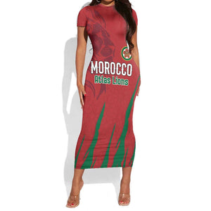 Custom Morocco Football Short Sleeve Bodycon Dress Atlas Lions Road To Champion - African Pride