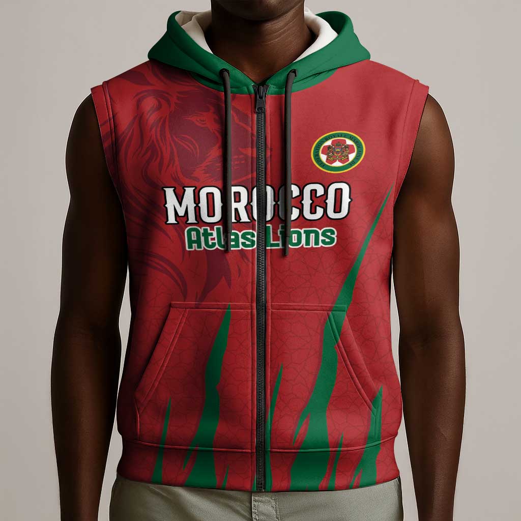 Custom Morocco Football Sleeveless Zip Hoodie Atlas Lions Road To Champion - African Pride