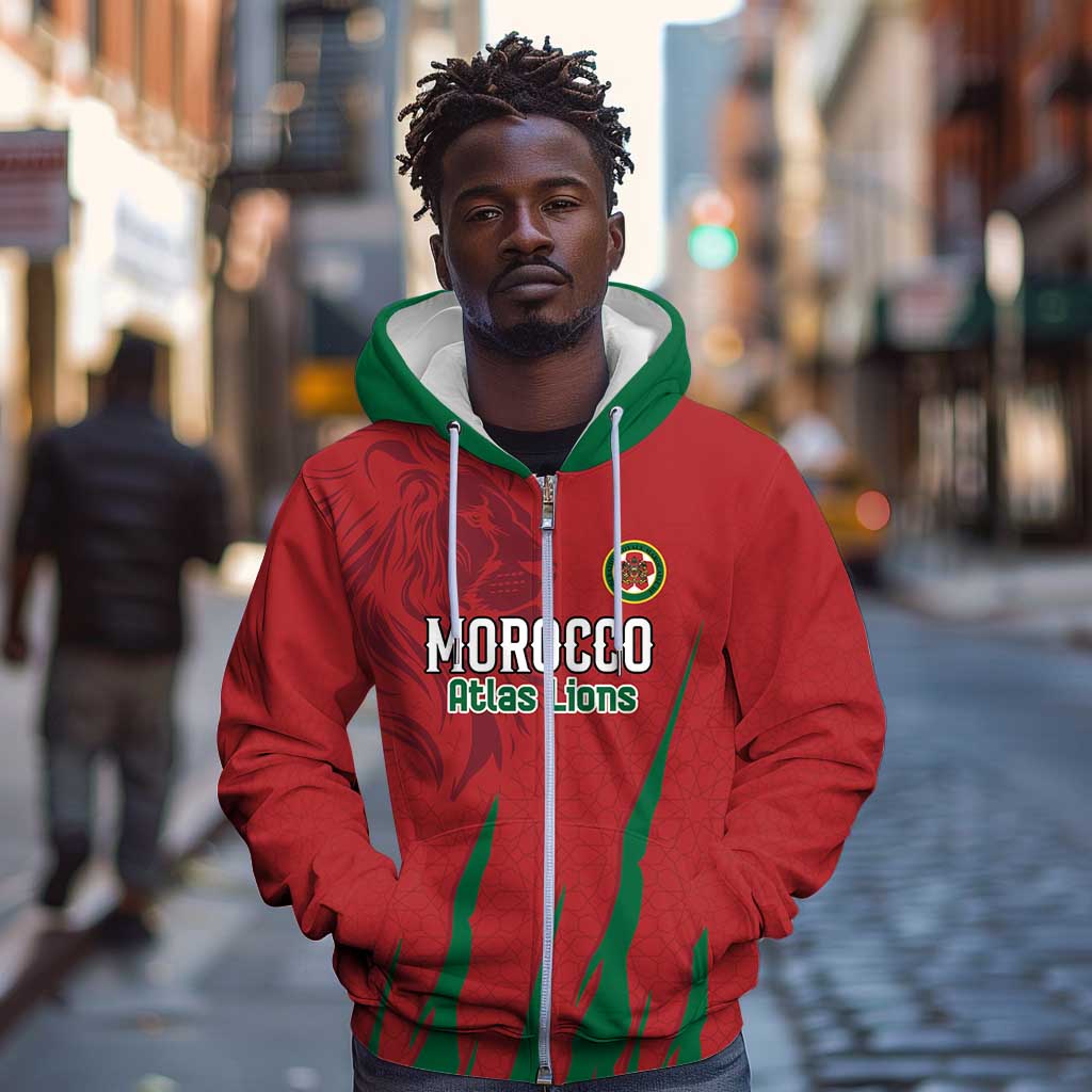 Custom Morocco Football Zip Hoodie Atlas Lions Road To Champion - African Pride