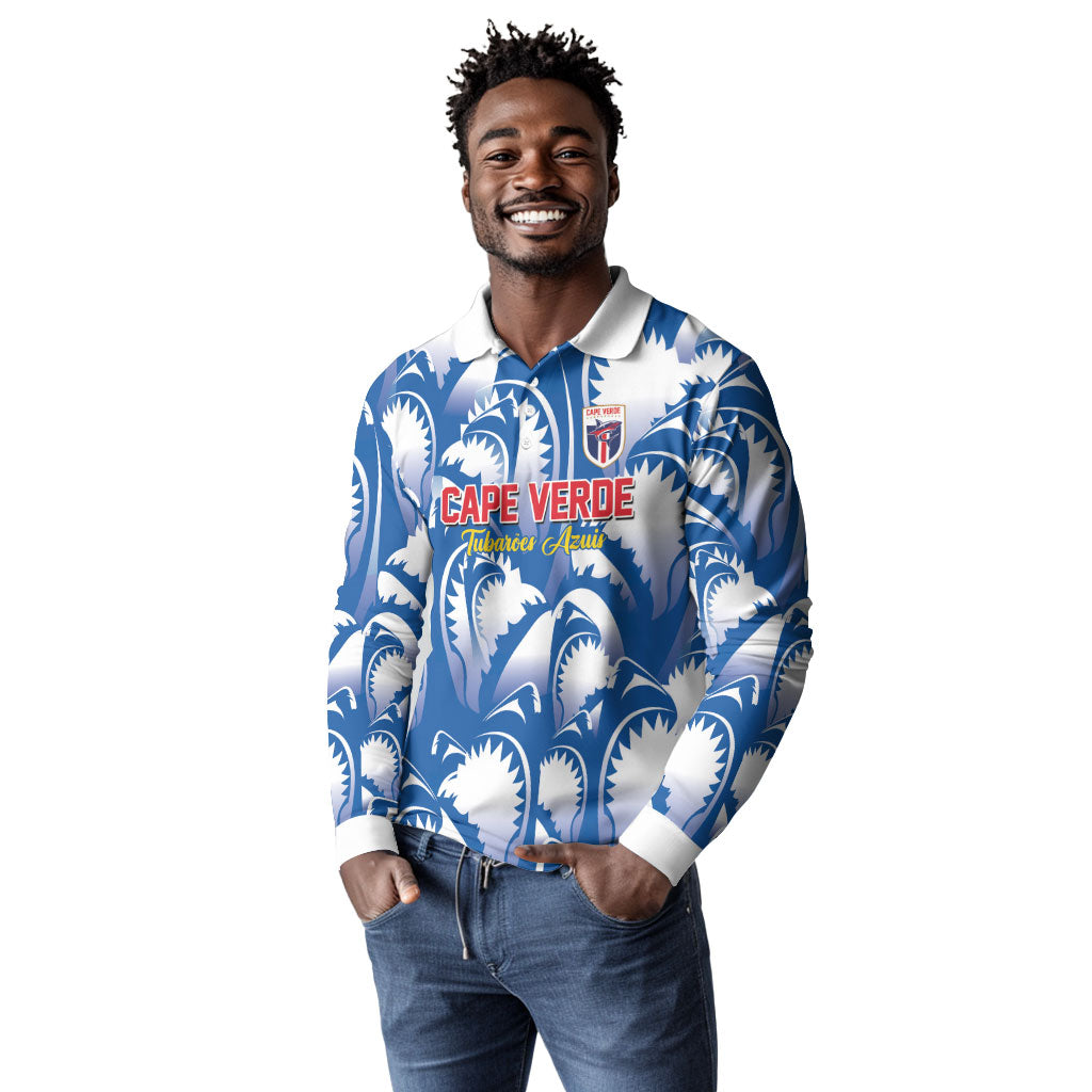 Custom Football Cape Verde Blue Sharks Long Sleeve Polo Shirt Rise Again Island