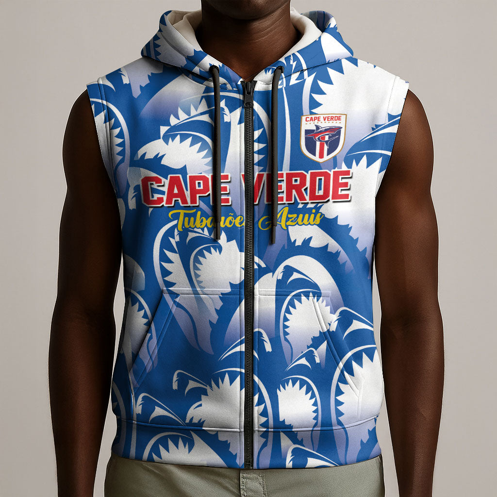 Custom Football Cape Verde Blue Sharks Sleeveless Zip Hoodie Rise Again Island