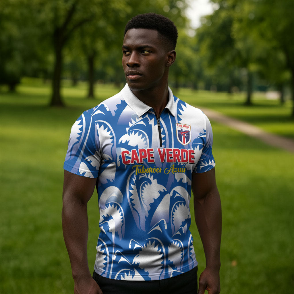 Custom Football Cape Verde Blue Sharks Zipper Polo Shirt Rise Again Island