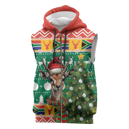 South Africa Springbok Sleeveless Zip Hoodie Christmas Tree - Lightning Art - African Pride