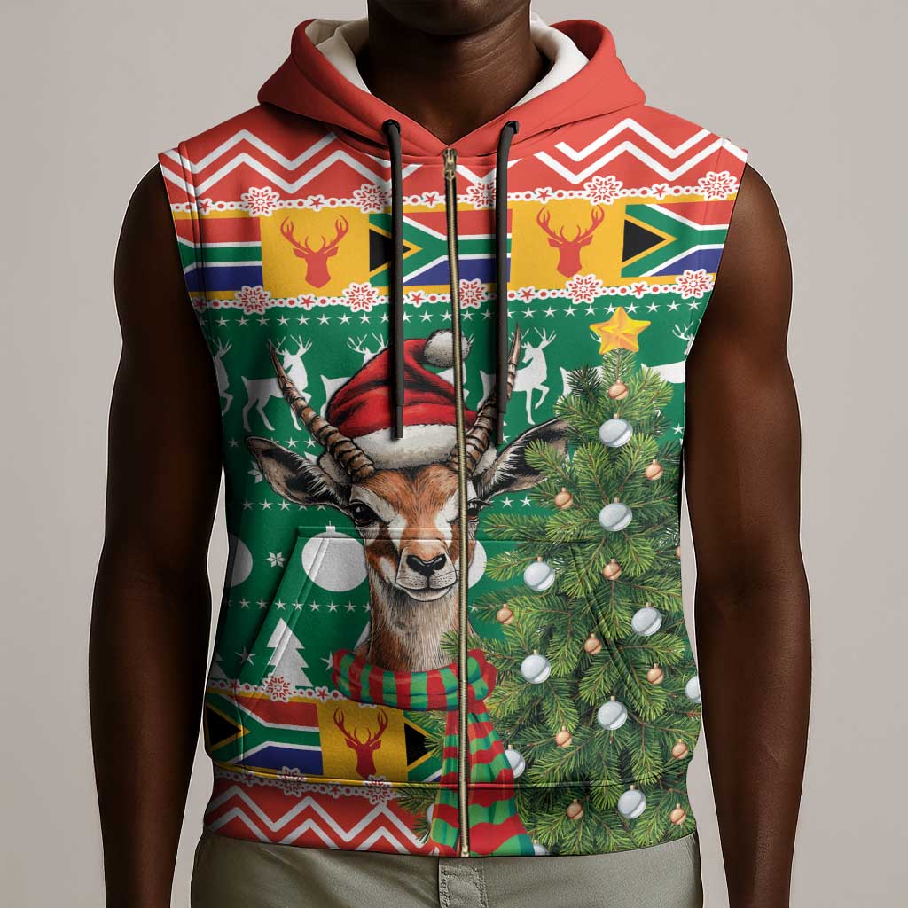 South Africa Springbok Sleeveless Zip Hoodie Christmas Tree - Lightning Art - African Pride