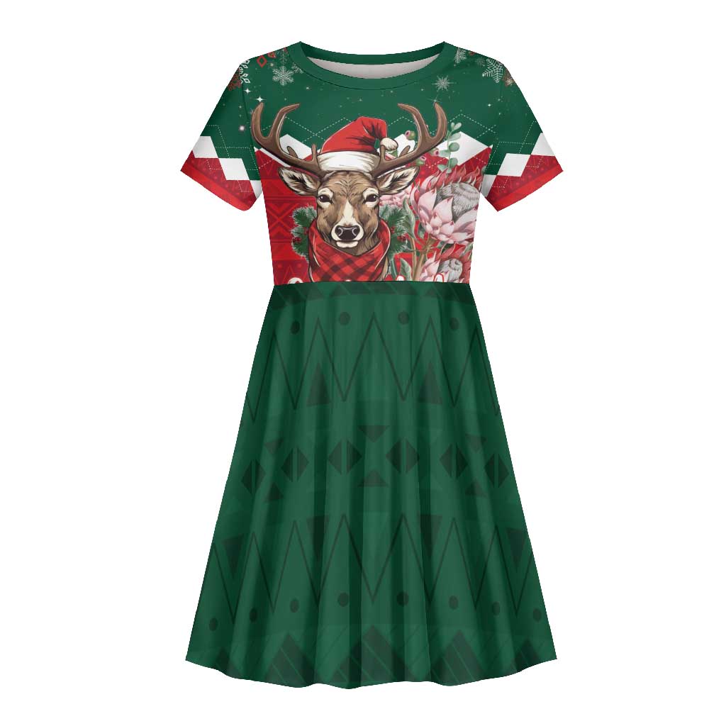 Personalized South Africa Merry Christmas Kid Short Sleeve Dress Springbok With King Protea