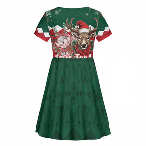 Personalized South Africa Merry Christmas Kid Short Sleeve Dress Springbok With King Protea