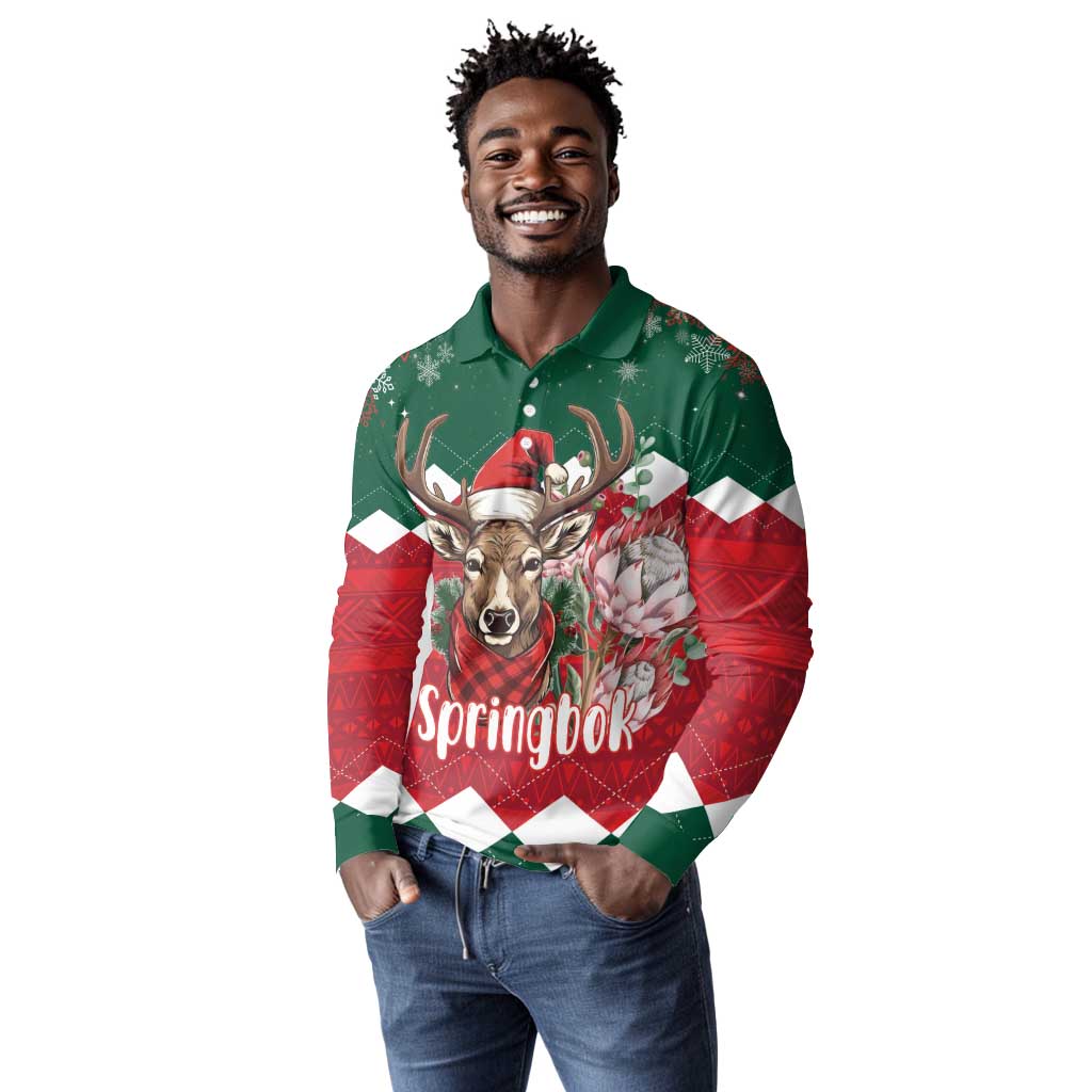 Personalized South Africa Merry Christmas Long Sleeve Polo Shirt Springbok With King Protea