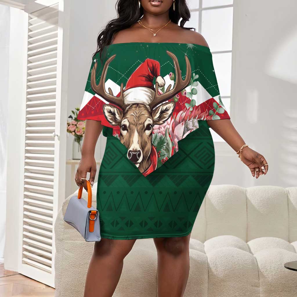 Personalized South Africa Merry Christmas Off Shoulder Short Dress Springbok With King Protea