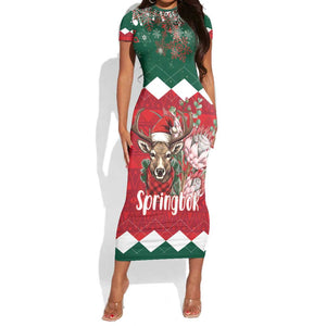 Personalized South Africa Merry Christmas Short Sleeve Bodycon Dress Springbok With King Protea LT18