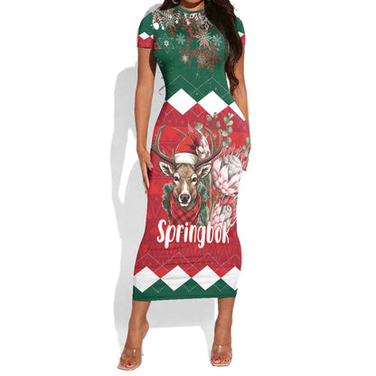 Personalized South Africa Merry Christmas Short Sleeve Bodycon Dress Springbok With King Protea LT18