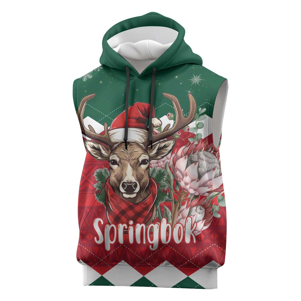 Personalized South Africa Merry Christmas Sleeveless Hoodie Springbok With King Protea - African Pride