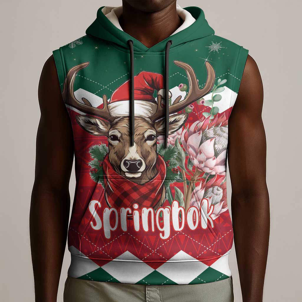 Personalized South Africa Merry Christmas Sleeveless Hoodie Springbok With King Protea - African Pride