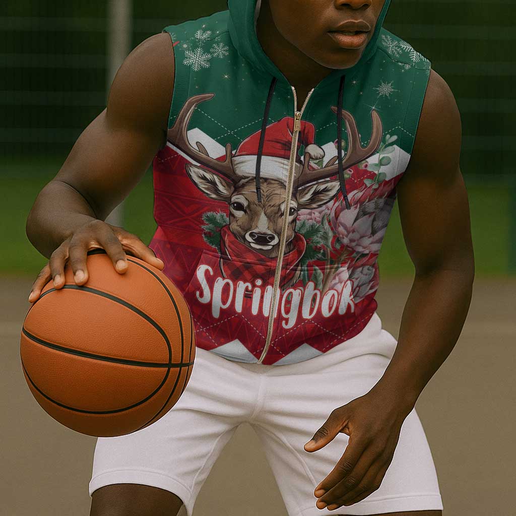 Personalized South Africa Merry Christmas Sleeveless Zip Hoodie Springbok With King Protea - African Pride