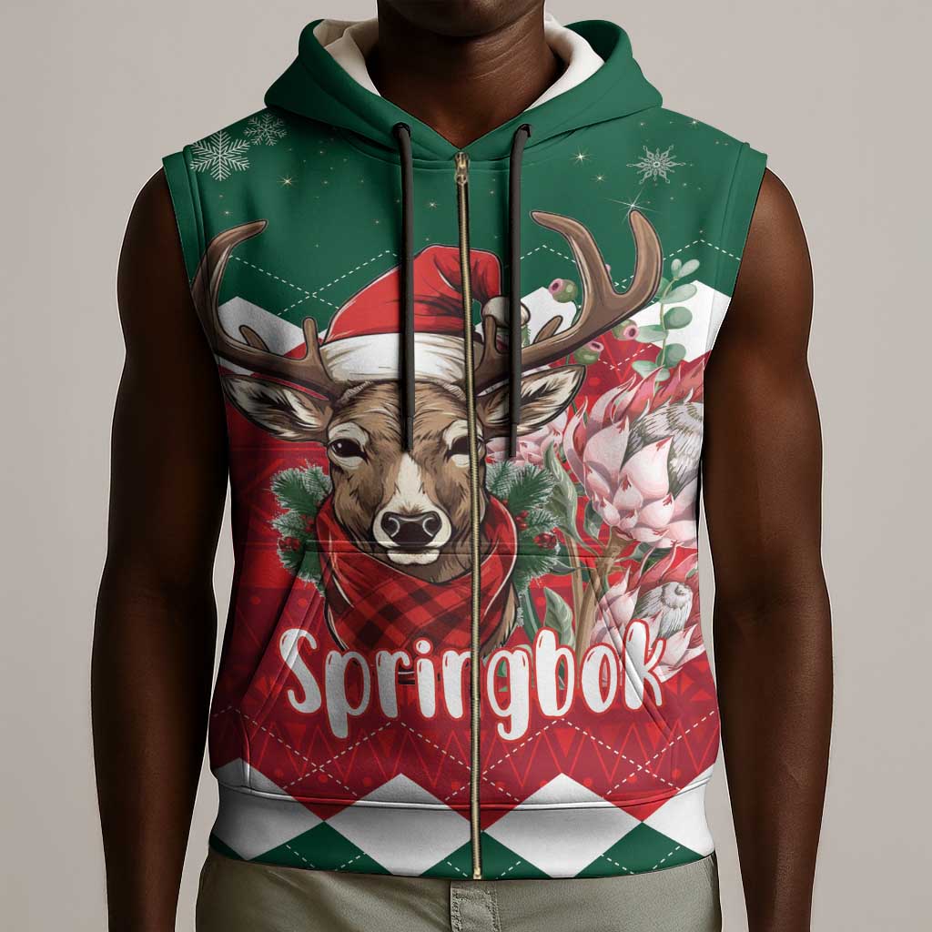 Personalized South Africa Merry Christmas Sleeveless Zip Hoodie Springbok With King Protea - African Pride