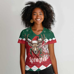 Personalized South Africa Merry Christmas Women V-Neck T-Shirt Springbok With King Protea