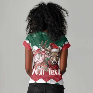 Personalized South Africa Merry Christmas Women V-Neck T-Shirt Springbok With King Protea