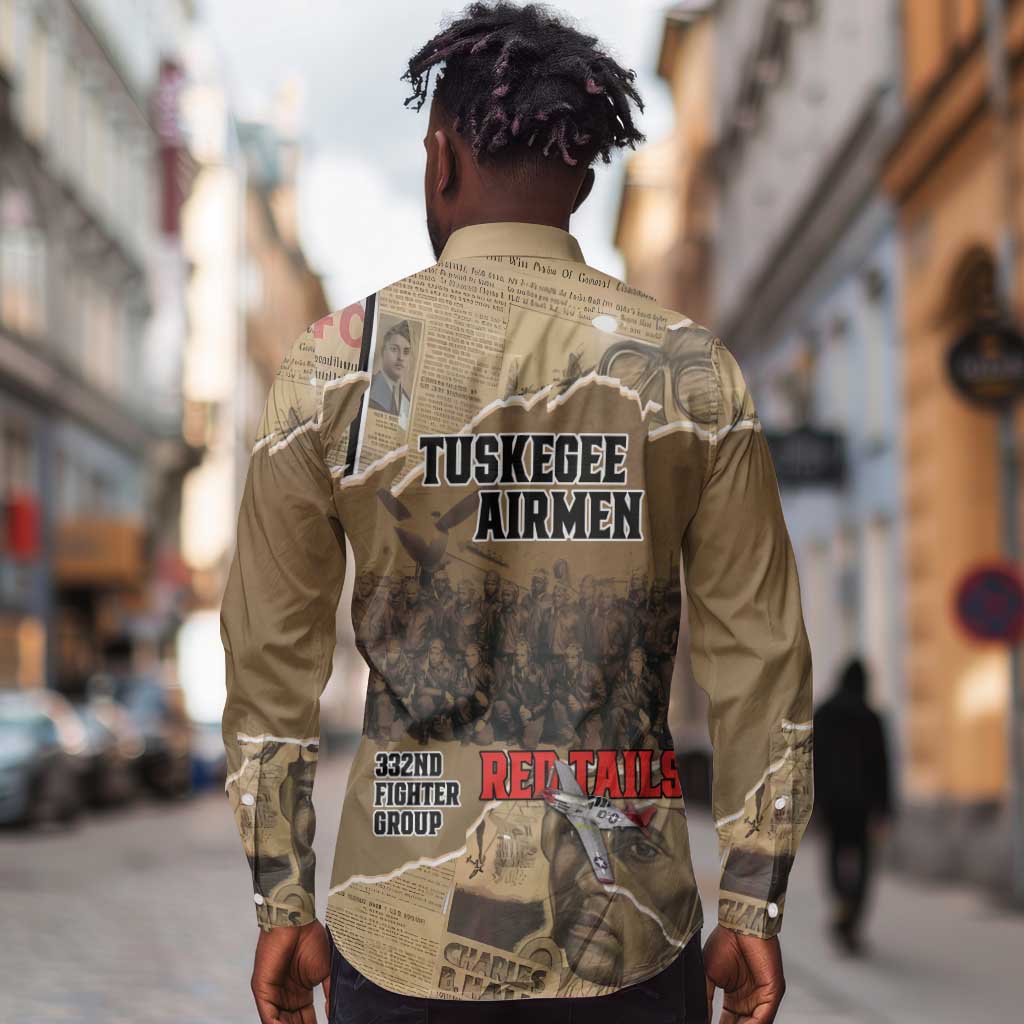 Tuskegee Airmen  Red Tails Tribute Long Sleeve Button Shirt Black History Air Force - African Pride