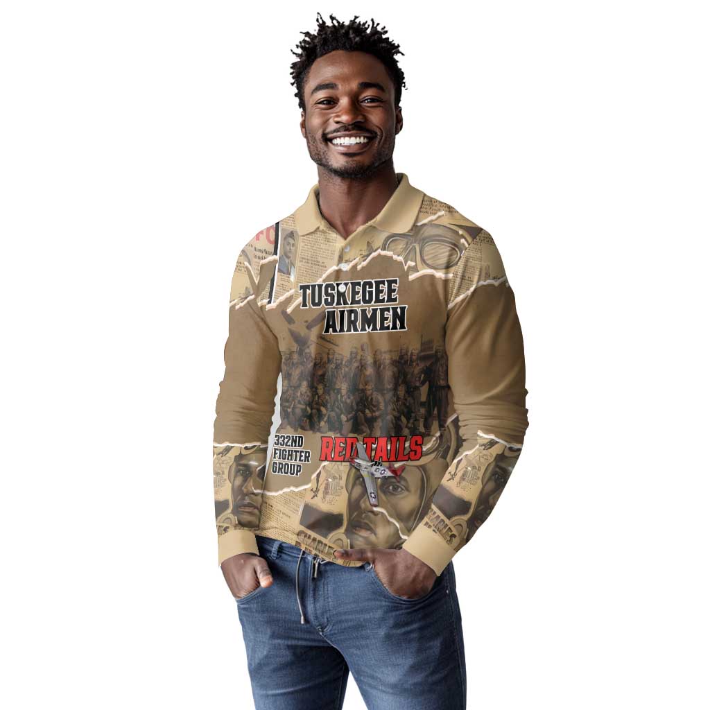 Tuskegee Airmen  Red Tails Tribute Long Sleeve Polo Shirt Black History Air Force - African Pride