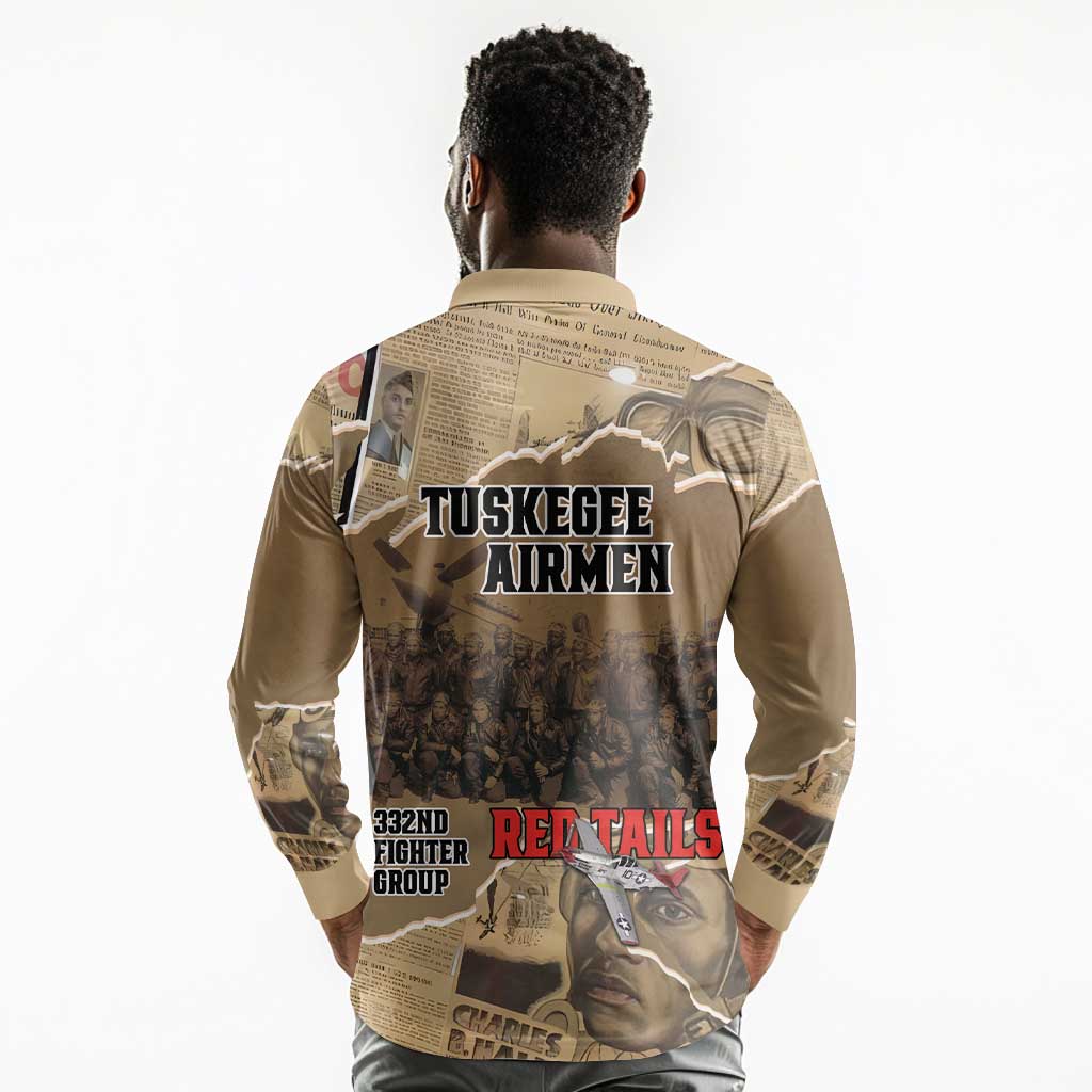 Tuskegee Airmen  Red Tails Tribute Long Sleeve Polo Shirt Black History Air Force - African Pride