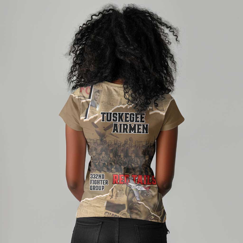 Tuskegee Airmen  Red Tails Tribute Women V-Neck T-Shirt Black History Air Force - African Pride