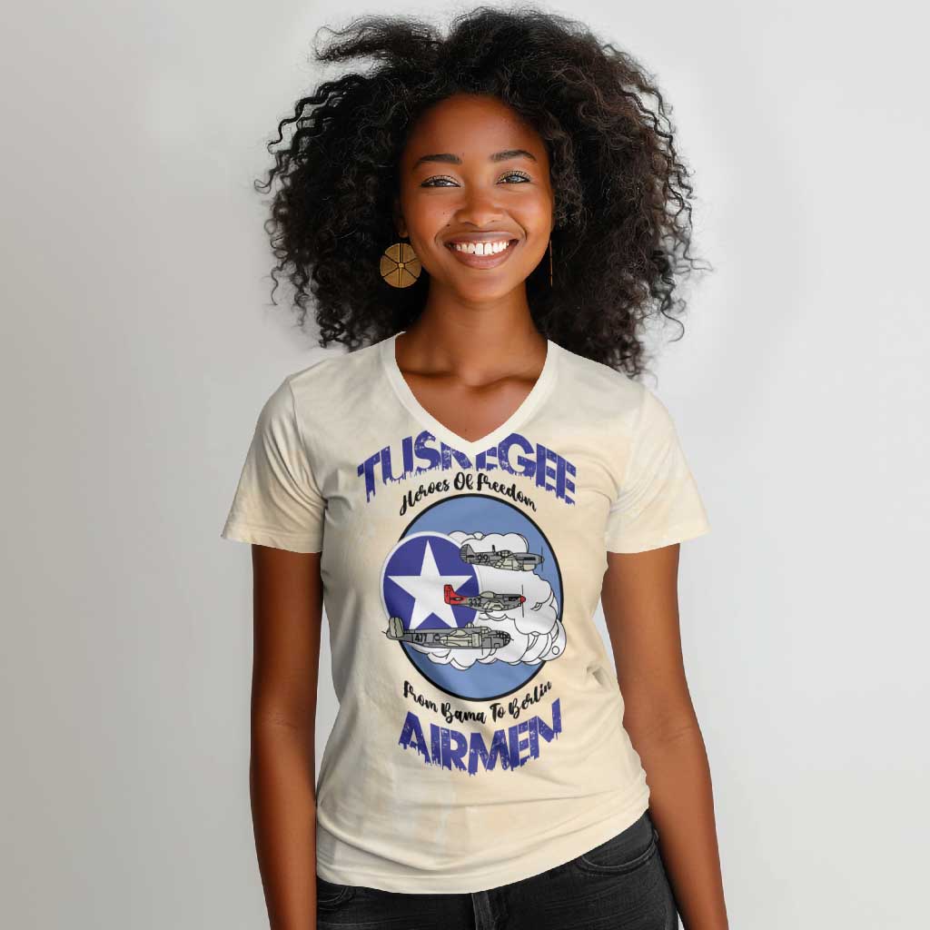Tuskegee Airmen Red Tails Women V-Neck T-Shirt Heroes Of Freedom Retro Style - African Pride