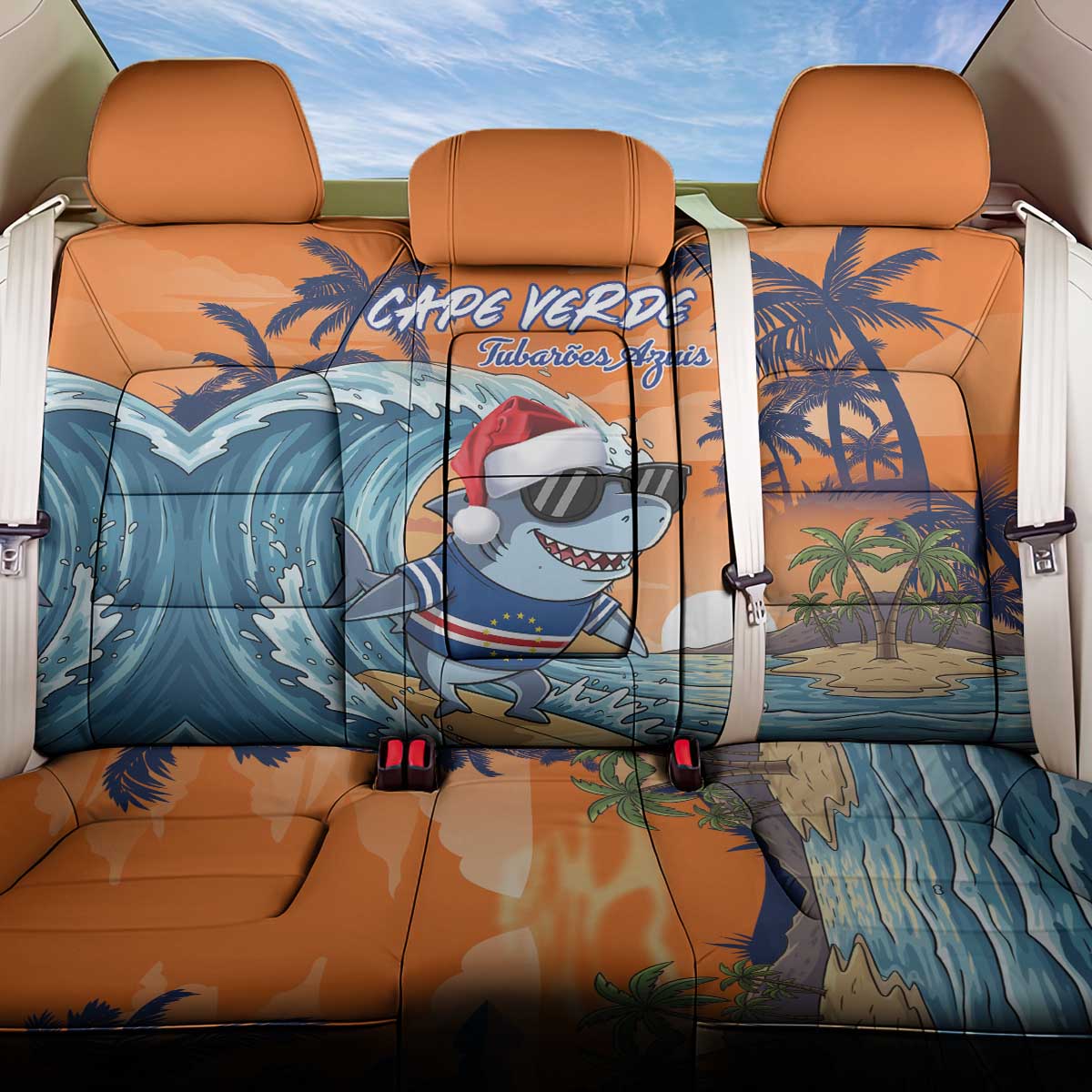 Christmas Cape Verde Back Car Seat Cover Funny Shark Surfing - African Pride