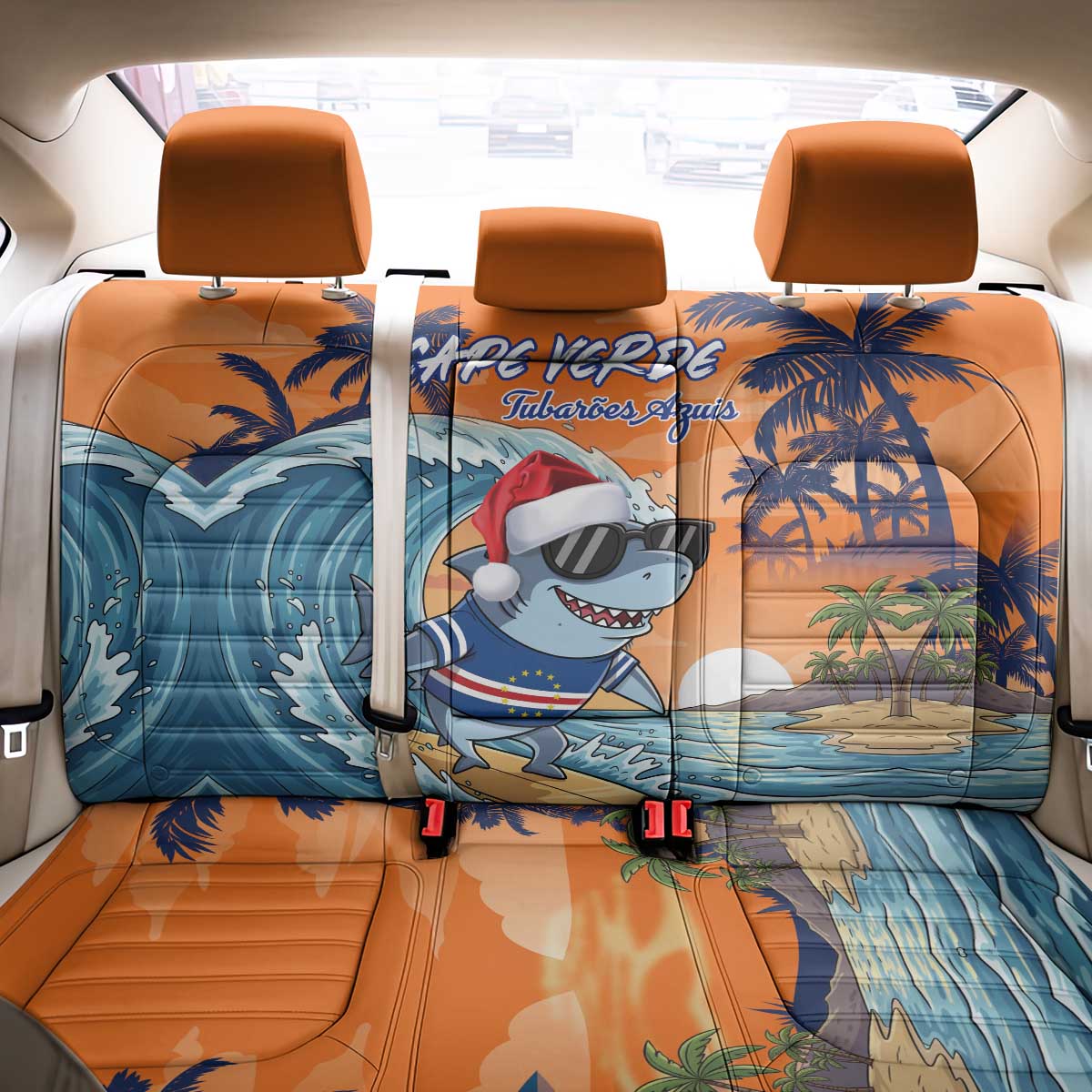 Christmas Cape Verde Back Car Seat Cover Funny Shark Surfing - African Pride