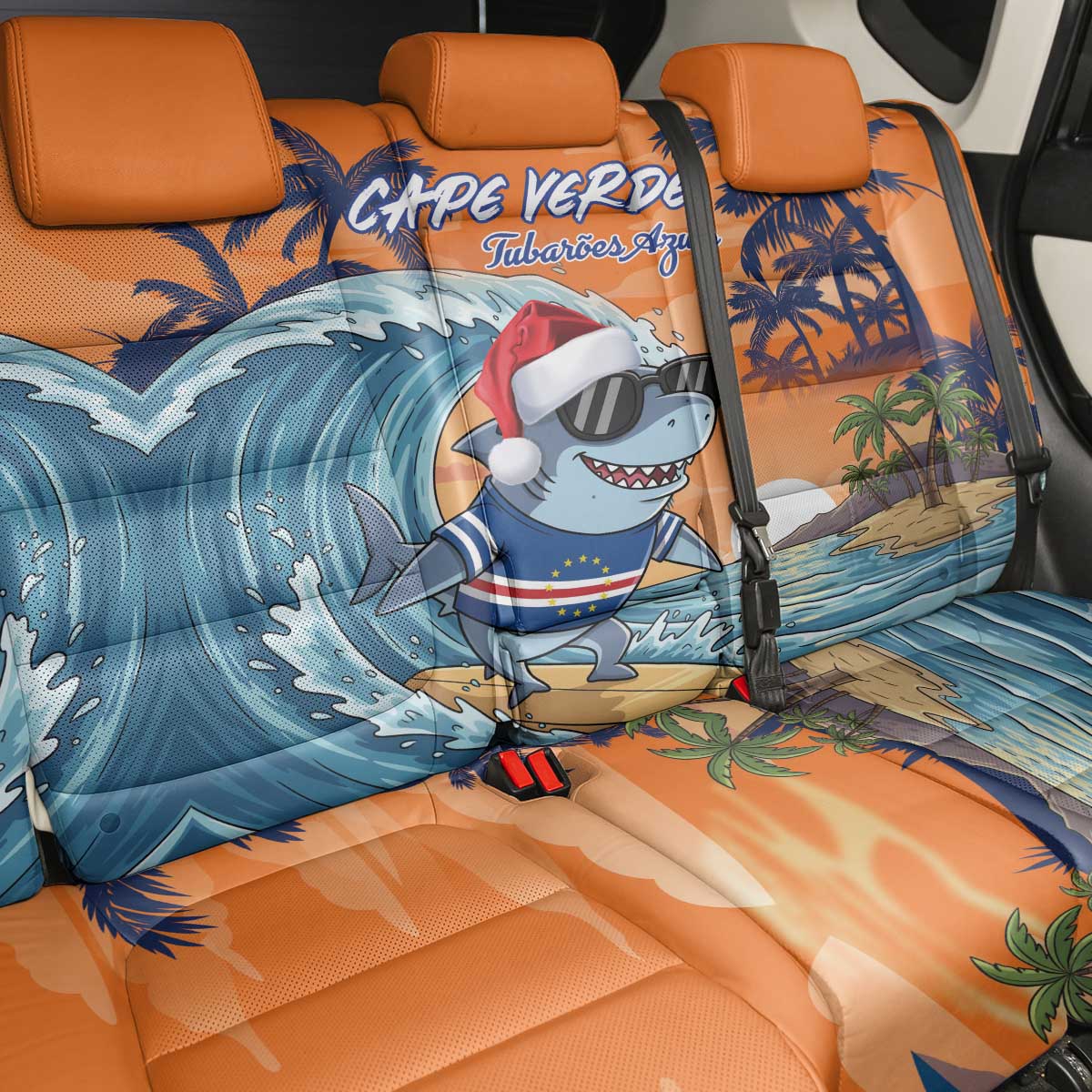 Christmas Cape Verde Back Car Seat Cover Funny Shark Surfing - African Pride