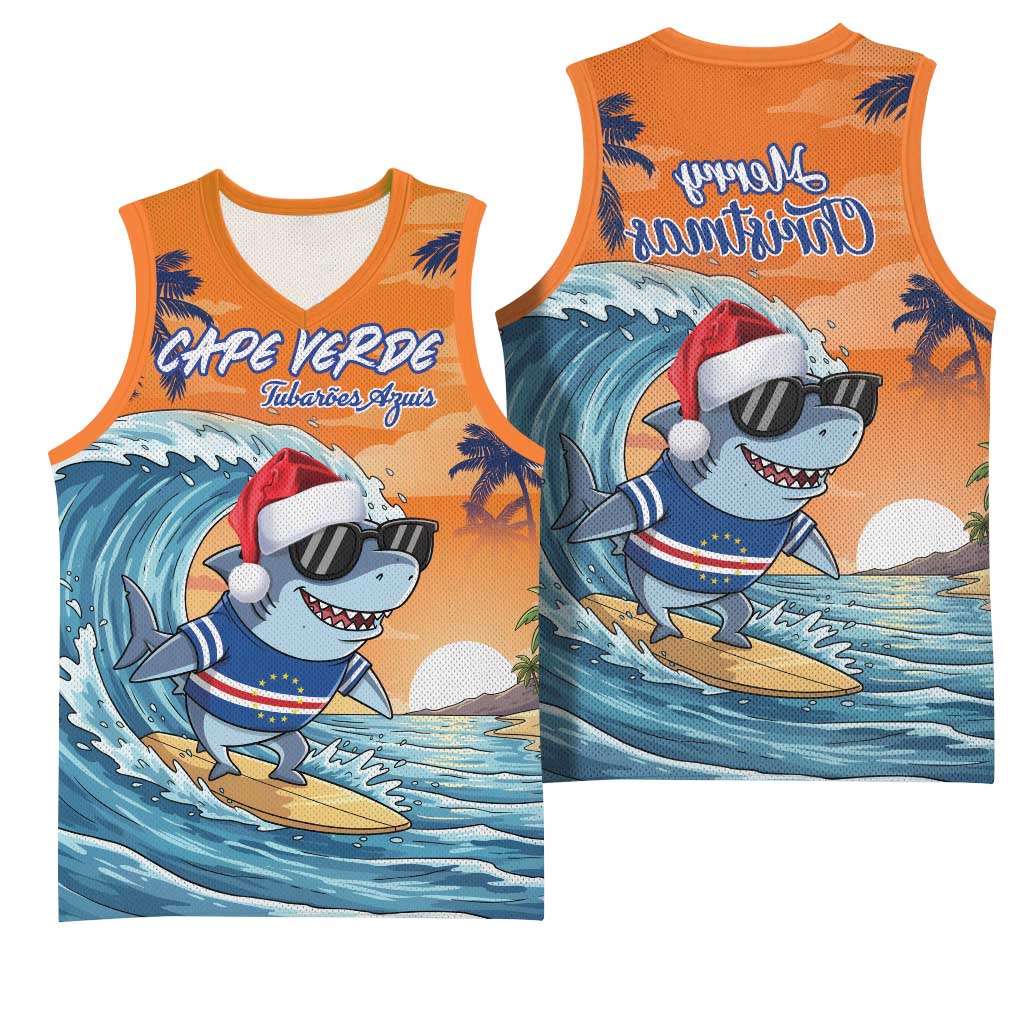 Christmas Cape Verde Basketball Jersey Funny Shark Surfing - African Pride