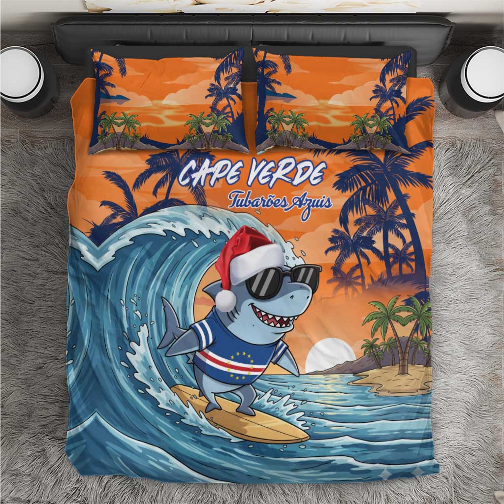 Christmas Cape Verde Bedding Set Funny Shark Surfing - African Pride