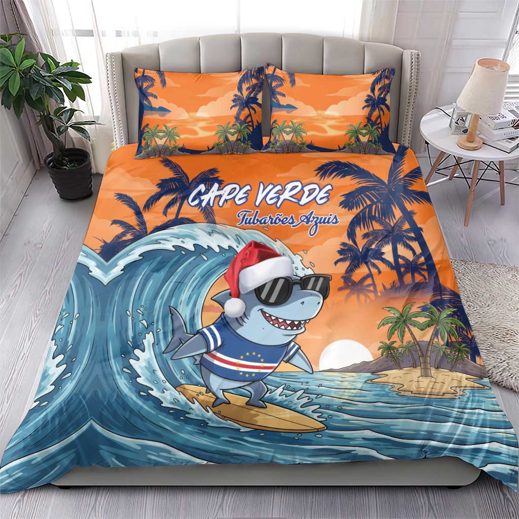 Christmas Cape Verde Bedding Set Funny Shark Surfing - African Pride
