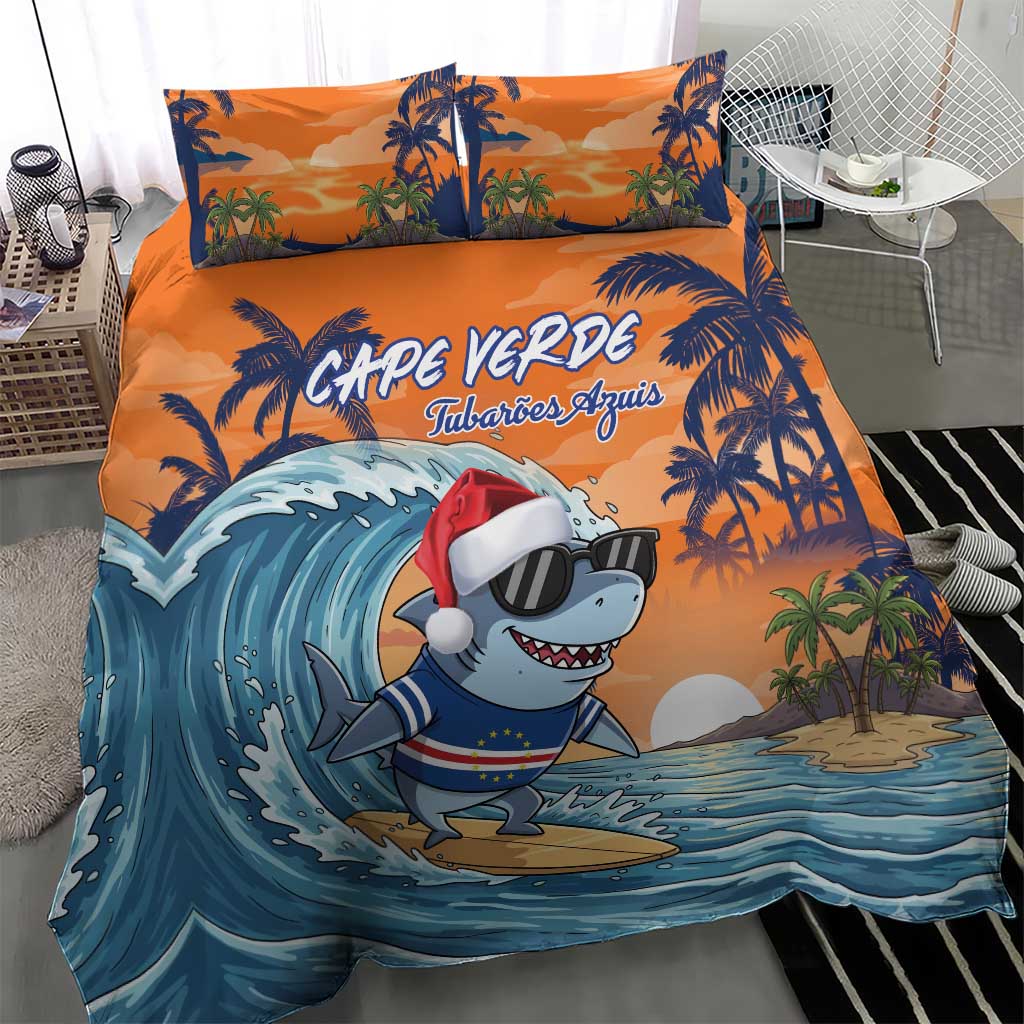 Christmas Cape Verde Bedding Set Funny Shark Surfing - African Pride