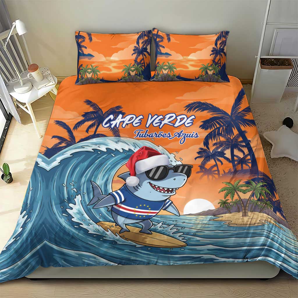 Christmas Cape Verde Bedding Set Funny Shark Surfing - African Pride