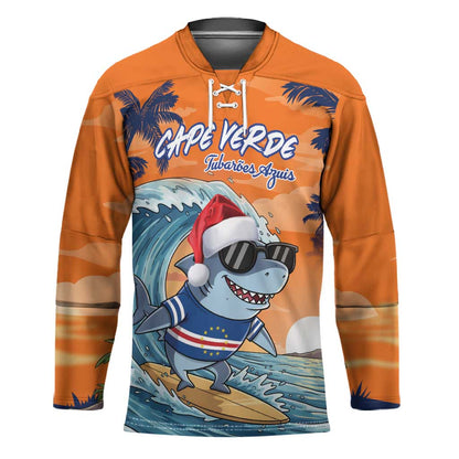 Christmas Cape Verde Hockey Jersey Funny Shark Surfing