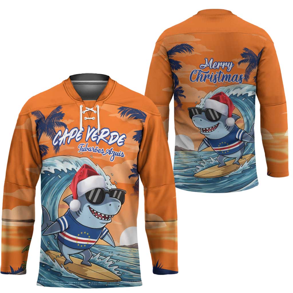 Christmas Cape Verde Hockey Jersey Funny Shark Surfing