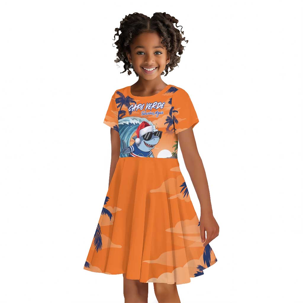 Christmas Cape Verde Kid Short Sleeve Dress Funny Shark Surfing - African Pride
