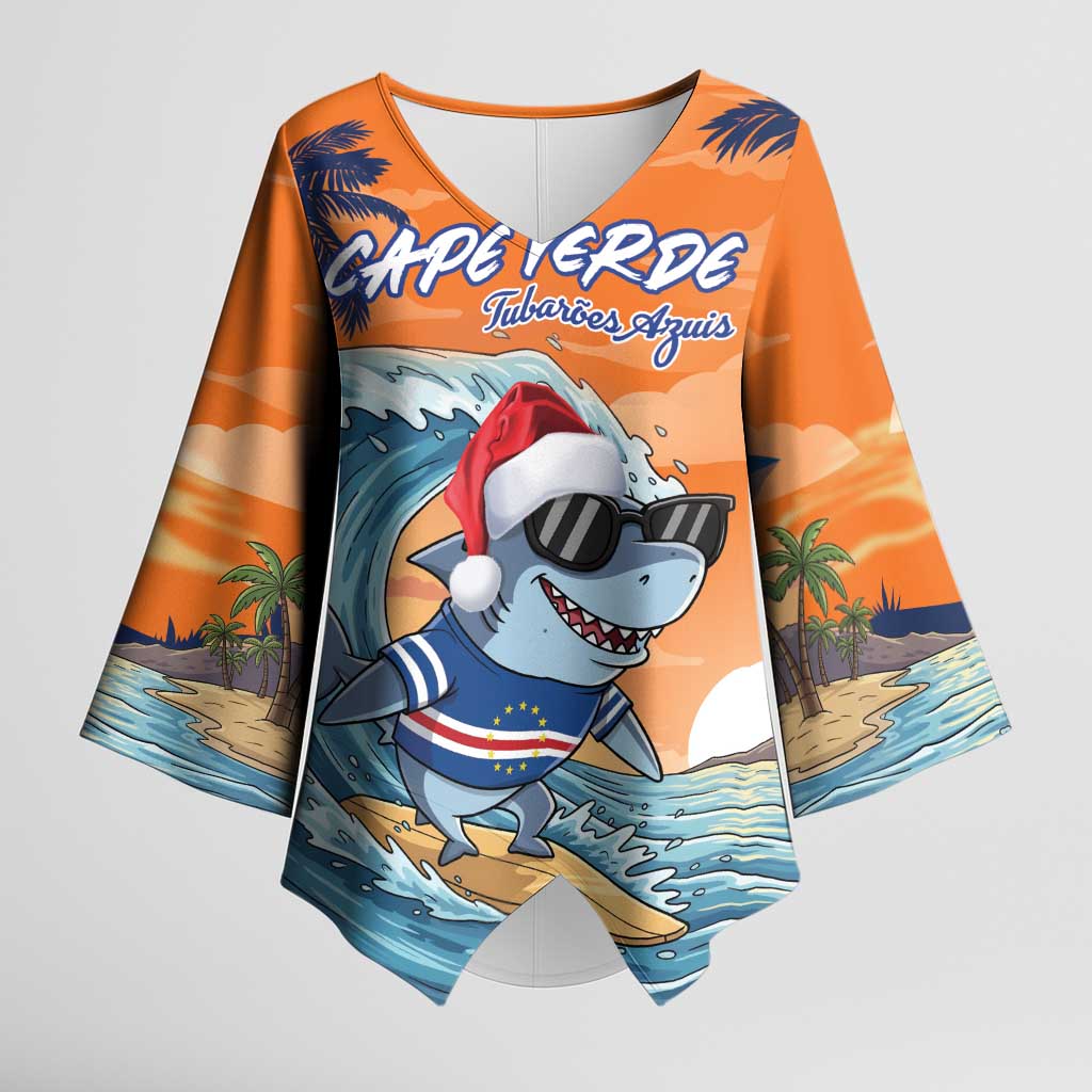 Christmas Cape Verde Kimono Sleeve Blouse Funny Shark Surfing